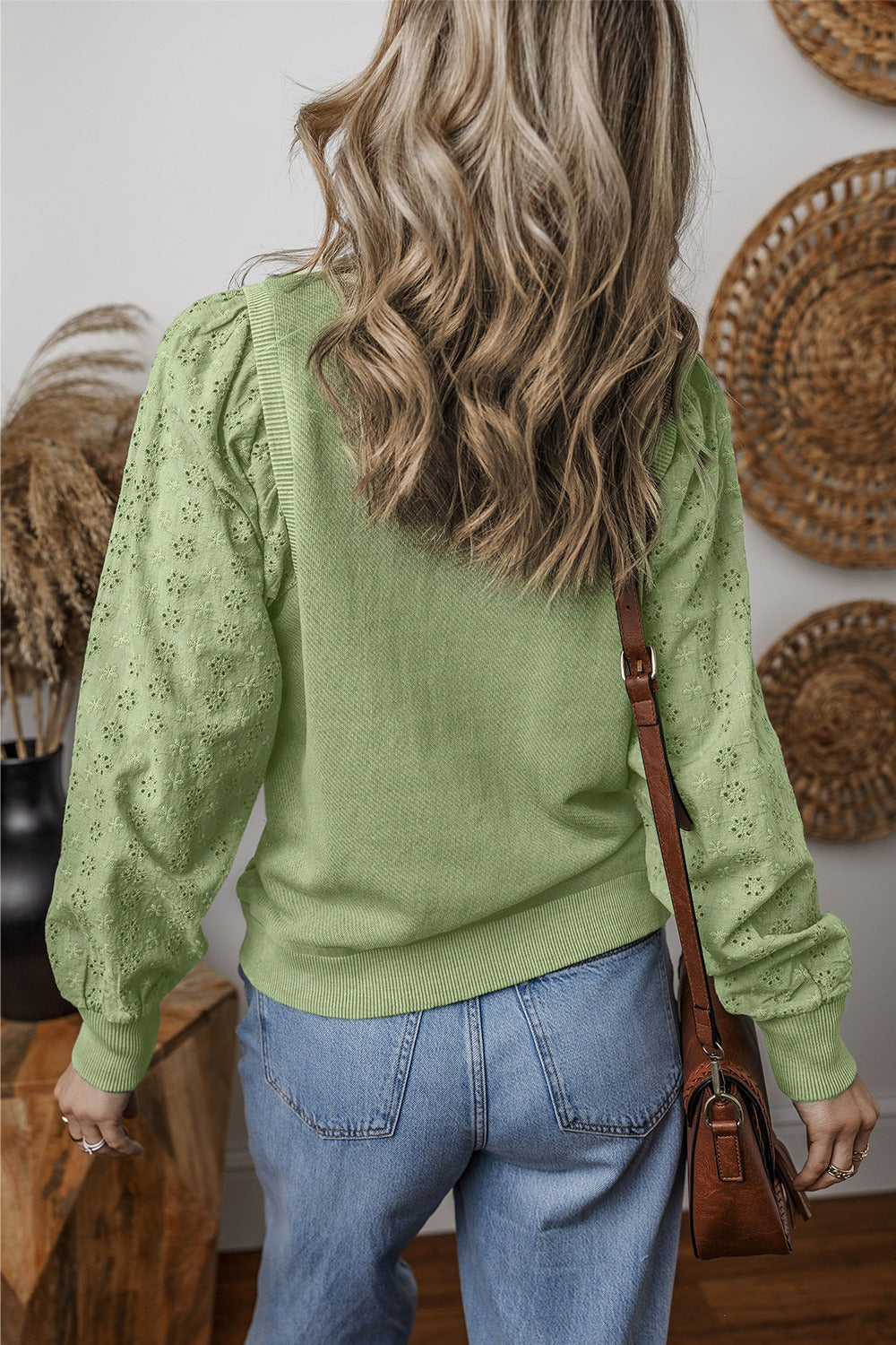 Eyelet Round Neck Long Sleeve Sweatshirt