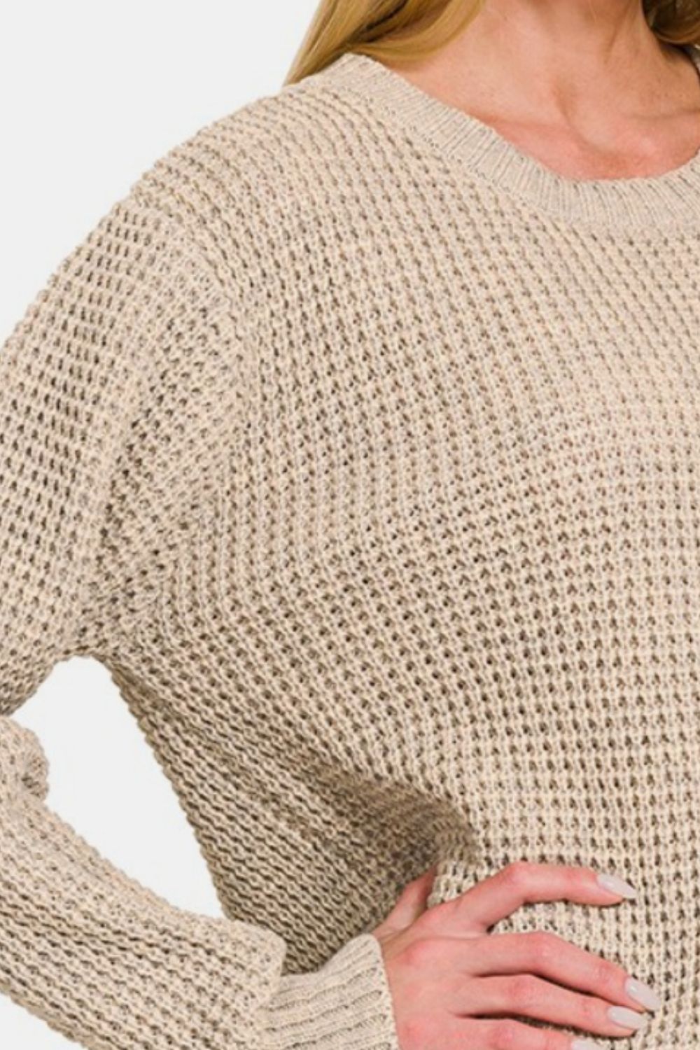 Zenana High Low Long Sleeve Waffle Sweater